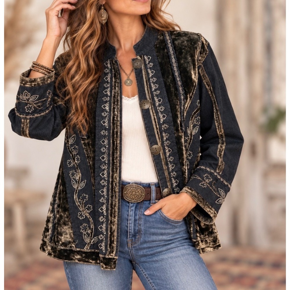 Urban Tribe Denim Velvet Embroidered Jacket L Button Up Dark Blue Brown Artsy